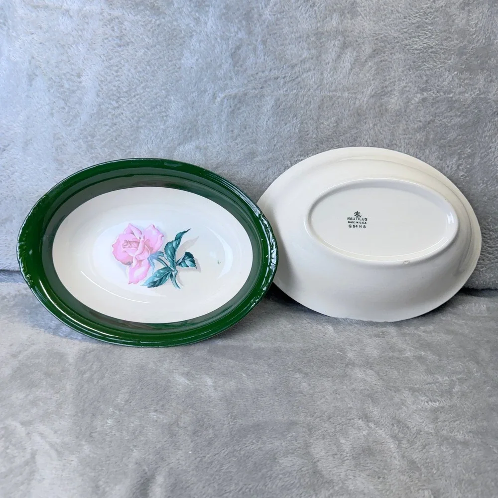 Vintage Nautilus Rose Oval Bowls Grannycore Set of‎ 2 Green Rim Floral Made USA